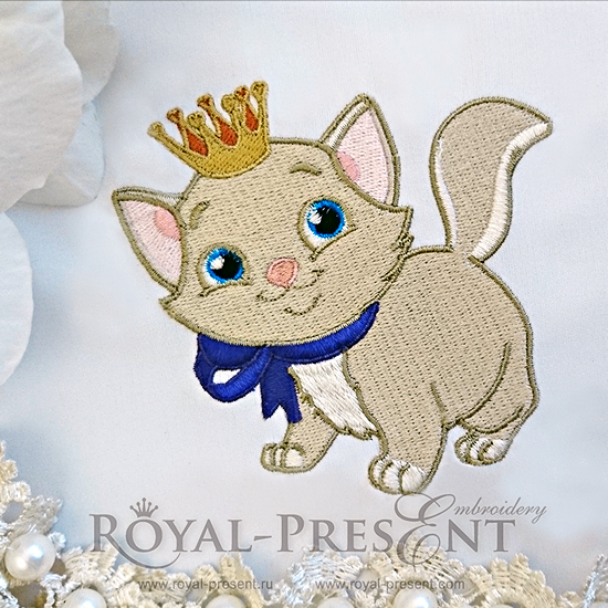 Machine Embroidery Design Adorable White Kitten with Golden Crown Machine Embroidery Design Adorable White Kitten with Golden Crown