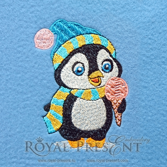 Machine Embroidery Design Cute penguin with hat and scarf eats an ice cream