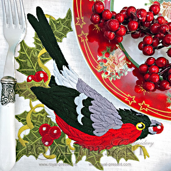Machine Embroidery Design Bullfinch with holly