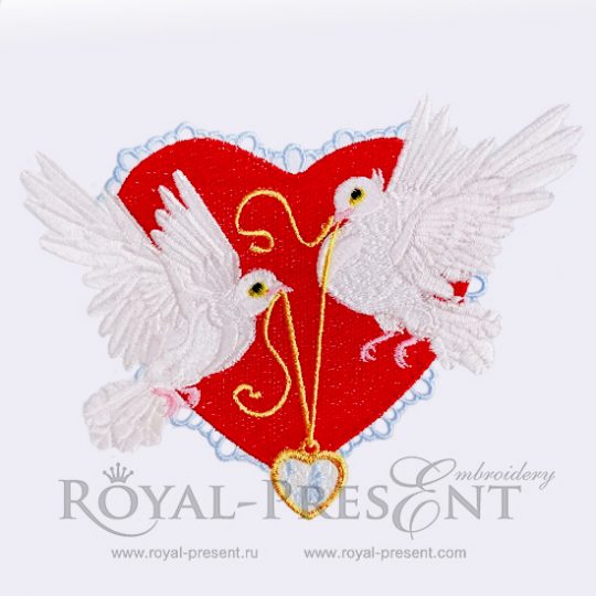 Valentines day embroidery design Two white pigeons and golden heart Valentines day embroidery design Two white pigeons and golden heart