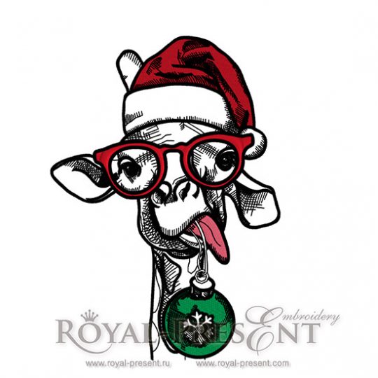 Machine Embroidery Design Giraffe portrait in a red Santa's hat Machine Embroidery Design Giraffe portrait in a red Santa's hat