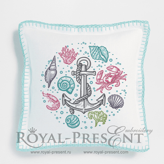 Machine Embroidery Design Shrimp, Seashell, Coral, Crab, Anchor