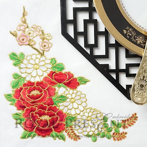 Corner Machine Embroidery Design Bouquet of Peonies