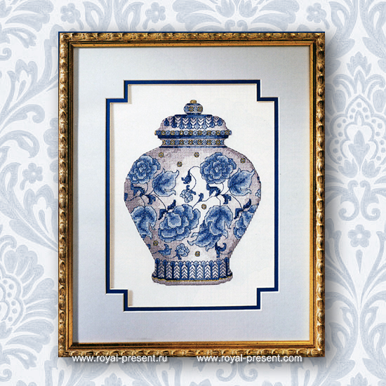 Cross-stitch machine embroidery design Chinese vase