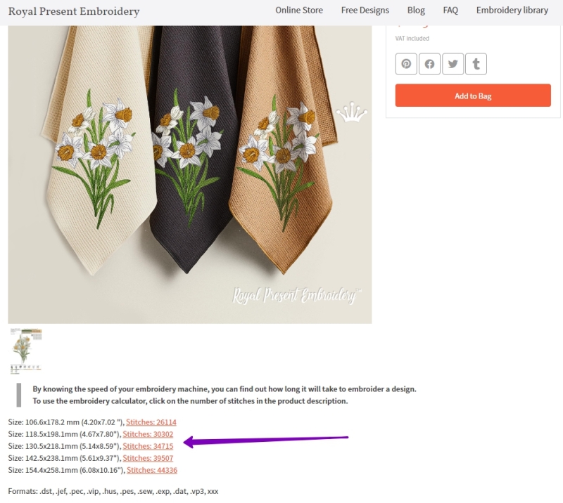 The size of the machine embroidery designs is indicated on the product page