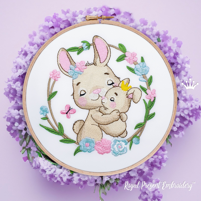 Mother Bunny with Baby Bunny Machine Embroidery Design - 5 sizes