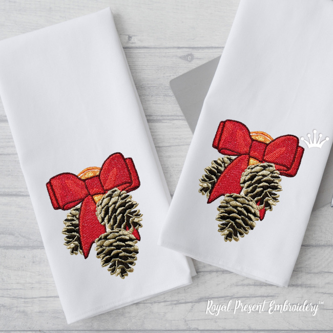 Pine Cones with a Bow Machine Embroidery Design in 4 Sizes